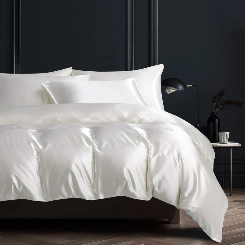 Boqingzhu Bettwäsche Satin Weiss 135x200cm 4Teilig Uni Glatt Seide Glanzsatin Bettwäsche Set 2 Bettb