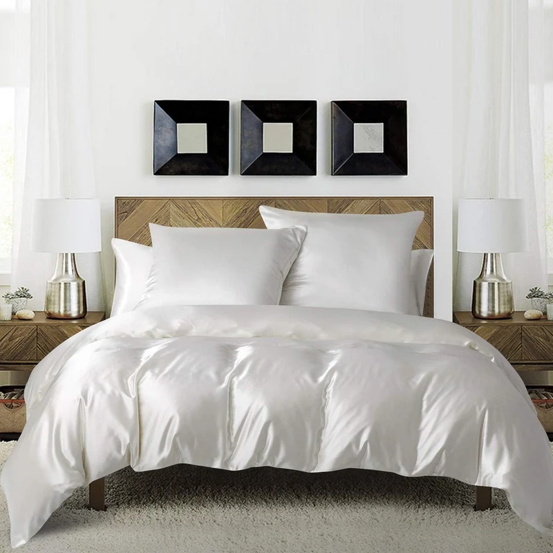 Boqingzhu Bettwäsche Satin Weiss 135x200cm 4Teilig Uni Glatt Seide Glanzsatin Bettwäsche Set 2 Bettb