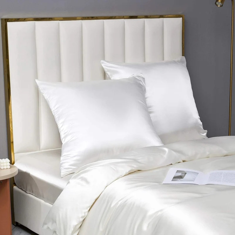Boqingzhu Bettwäsche Satin Weiss 135x200cm 4Teilig Uni Glatt Seide Glanzsatin Bettwäsche Set 2 Bettb