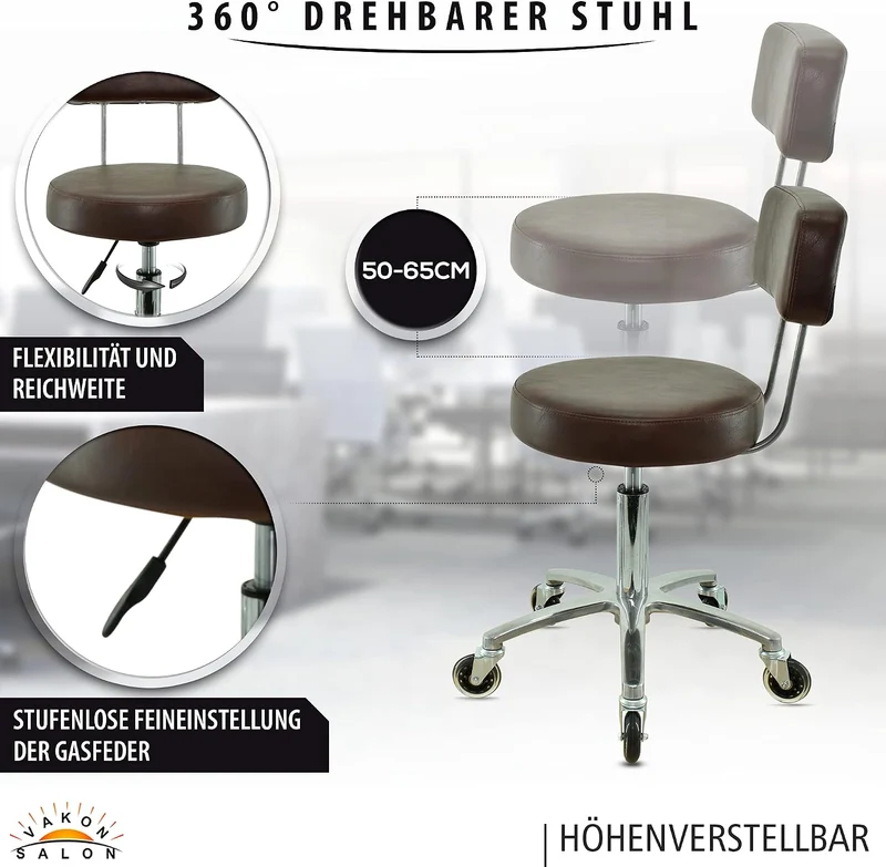 VAKON SALON - Premium Rollhocker mit Lehne in braun - Höhenverstellbar von 50 bis 65 cm - Rundsitz -