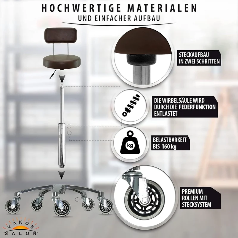 VAKON SALON - Premium Rollhocker mit Lehne in braun - Höhenverstellbar von 50 bis 65 cm - Rundsitz -