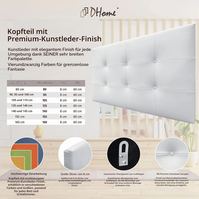 DHOME Kopfteil, gepolstertes Bett Kopfteil 8cm dick. Gepolstertes Kopfteil ACUALINE Stoff und Kunstl