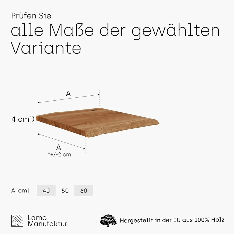 LAMO Manufaktur Holzplatte für Couchtisch, Beistelltisch, Tischplatte Massivholz Baumkante 60x60 cm,