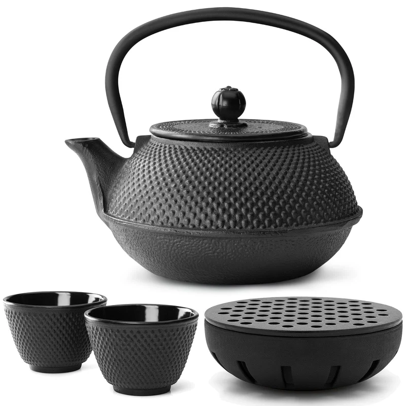 Teekanne asiatisch Gusseisen Set schwarz 0.8 Liter Teekessel mit Henkel & Edelstahl Tee-Filter-Sieb-