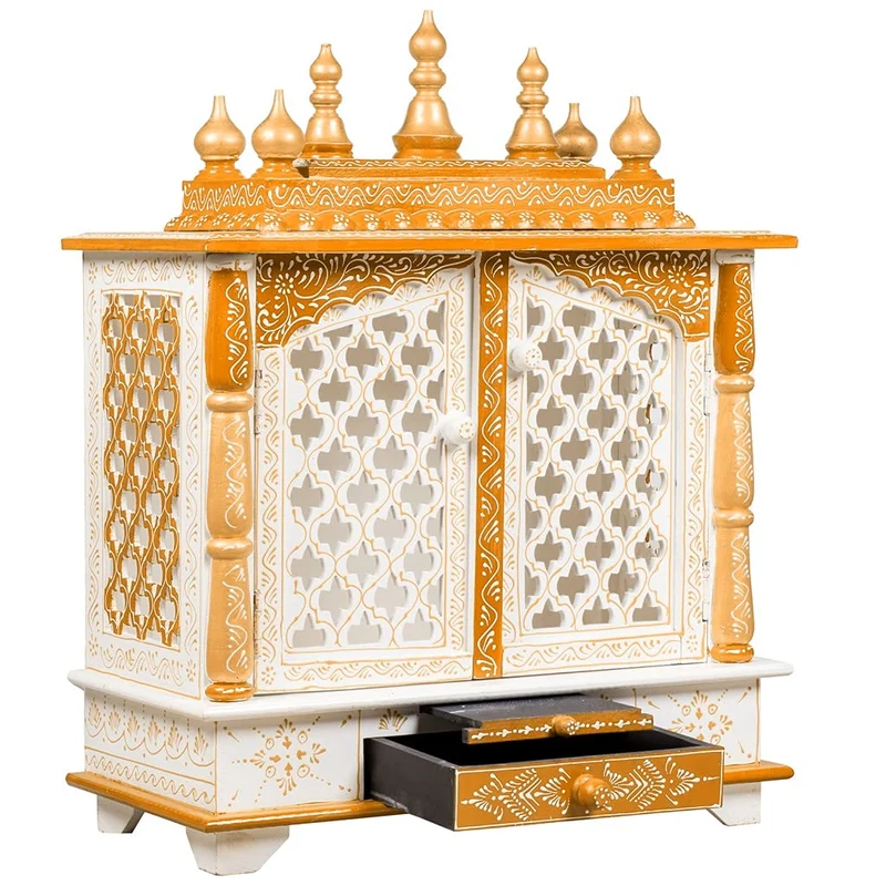 Kamdhenu art and craft Holztempel Home Temple Pooja Mandir Pooja Mandap Tempel (Weiss & Orange) Orj,