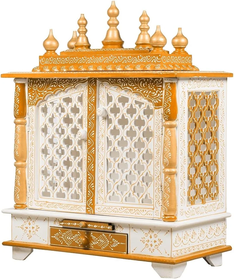 Kamdhenu art and craft Holztempel Home Temple Pooja Mandir Pooja Mandap Tempel (Weiss & Orange) Orj,