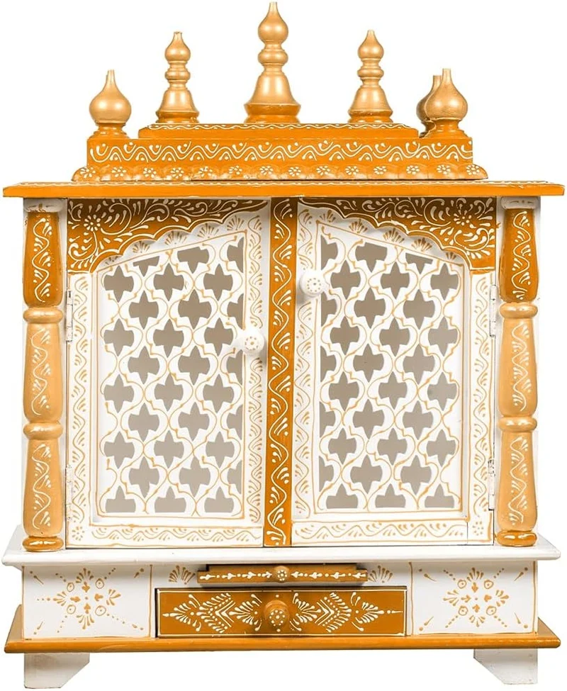 Kamdhenu art and craft Holztempel Home Temple Pooja Mandir Pooja Mandap Tempel (Weiss & Orange) Orj,