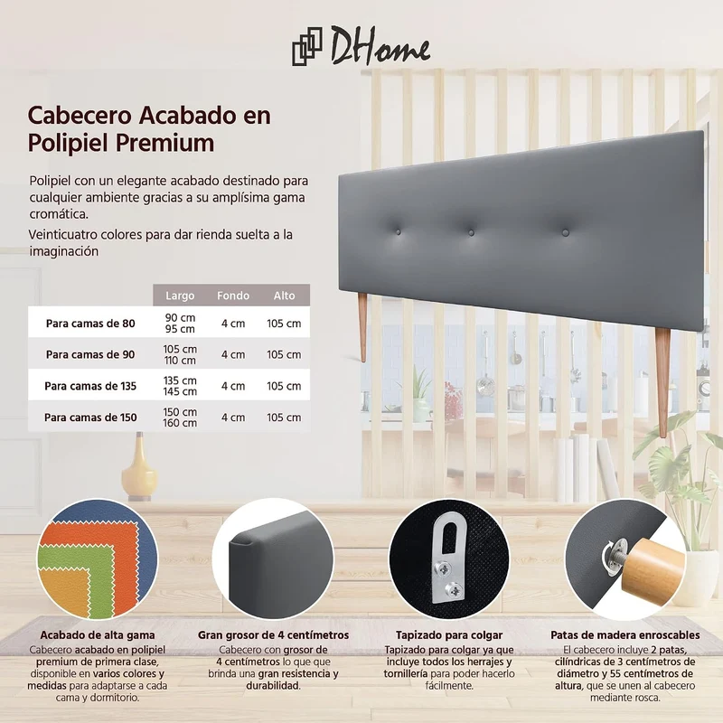 DHOME Kunstleder oder Acualine Stoff Kopfteil einfarbig mit Knöpfen gepolstert HIGH Range Luxus Bett
