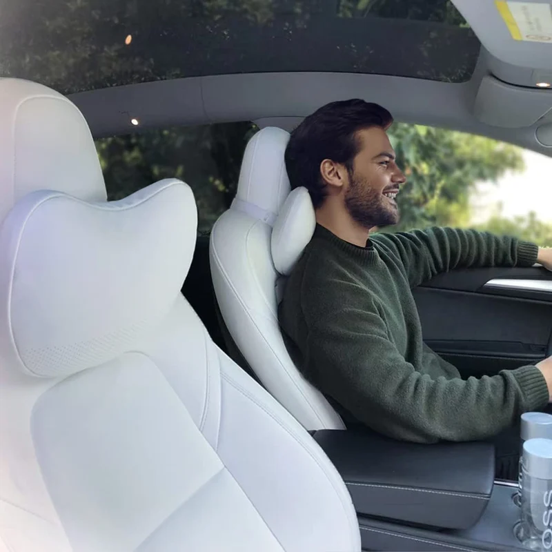 TESBEAUTY Upgraded Auto Kopfstütze Kissen 2 Packungen Echtes Nappaleder Auto Nackenkissen Tesla Mode
