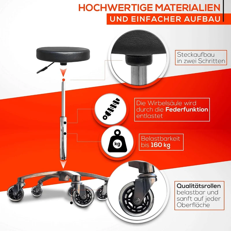 VAKON SALON - Rundocker auf hochwertigen Rollen - höhenverstellbarer Drehhocker 55-75 cm, Rollhocker