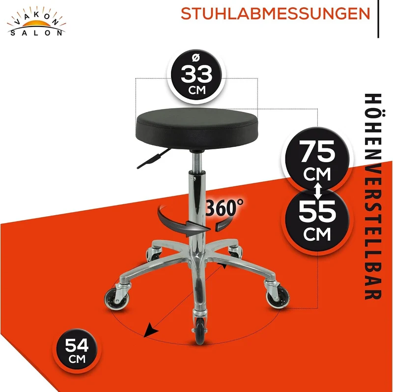 VAKON SALON - Rundocker auf hochwertigen Rollen - höhenverstellbarer Drehhocker 55-75 cm, Rollhocker