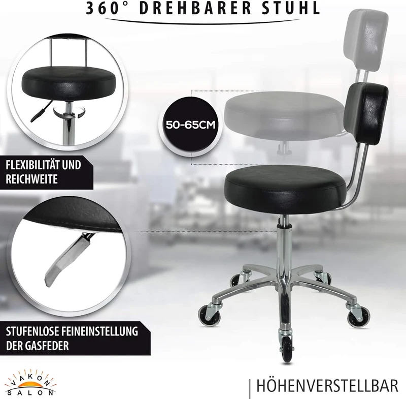 VAKON SALON - Premium Rollhocker mit Lehne höhenverstellbar von 50 bis 65 cm - Rundsitz- Drehhocker