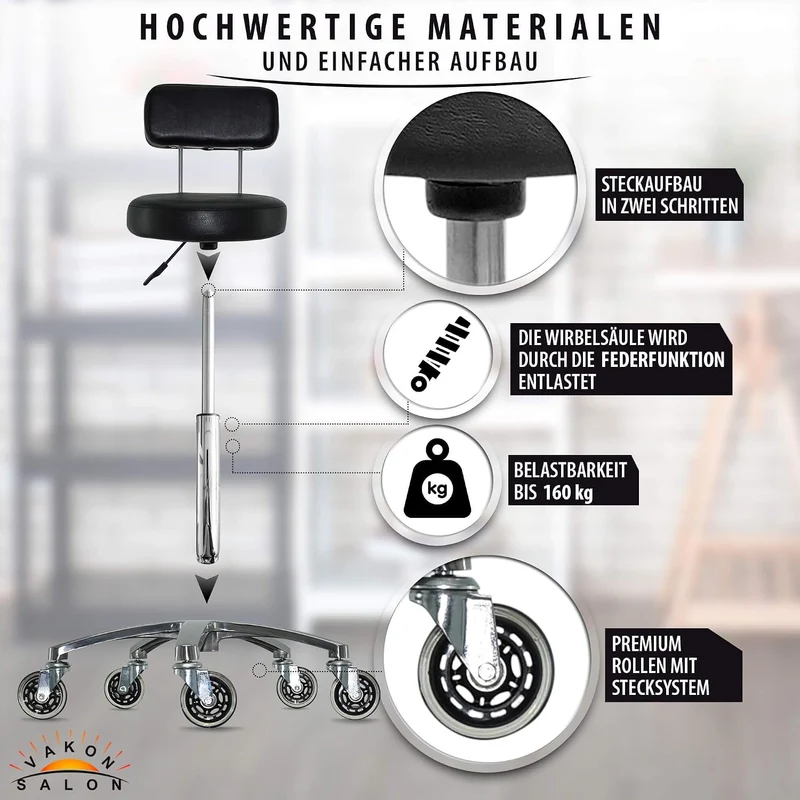 VAKON SALON - Premium Rollhocker mit Lehne höhenverstellbar von 50 bis 65 cm - Rundsitz- Drehhocker
