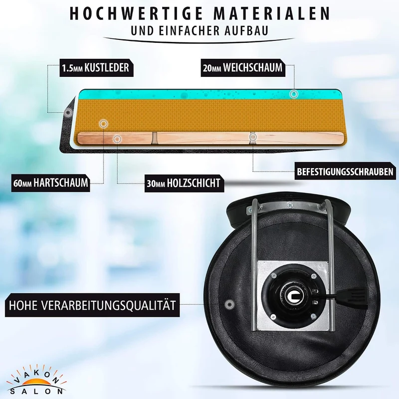 VAKON SALON - Premium Rollhocker mit Lehne höhenverstellbar von 50 bis 65 cm - Rundsitz- Drehhocker
