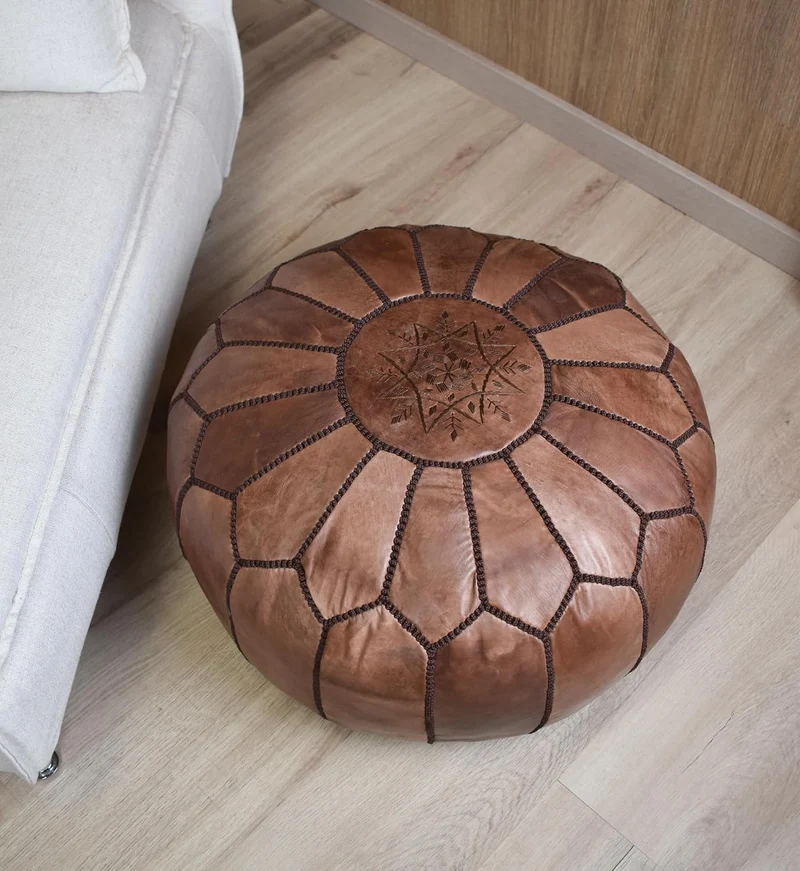 Poufs&Pillows Marokkanischer Echtleder Pouf - Handgefertigt - Gefüllt Geliefert - Ottoman, Sitzsack,