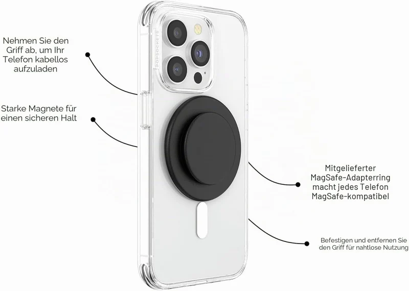 PopSockets: PopGrip Round für MagSafe - Inklusive Adapterring für MagSafe - Ausziehbarer Sockel und
