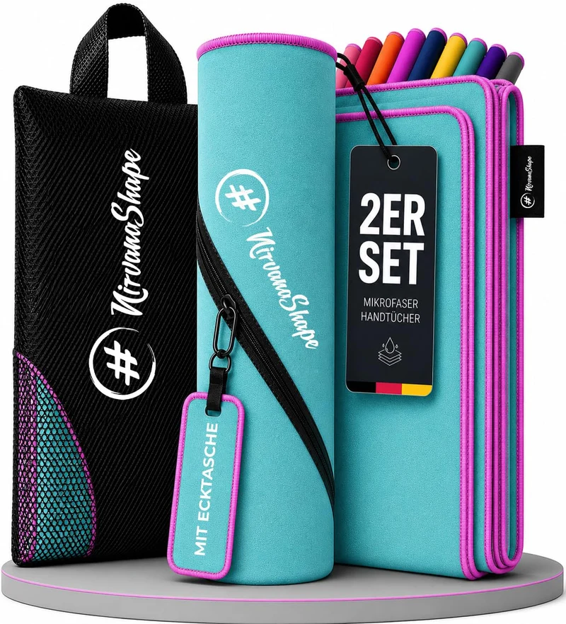 NirvanaShape Mikrofaser Handtuch 2er Set mit Tasche - Microfaser Handtücher als leichtes, kompaktes