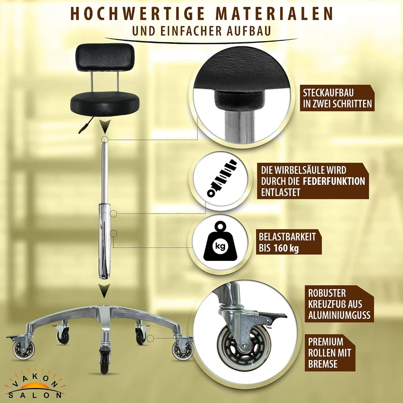 VAKON SALON - Rollhocker mit Lehne hochwertigen Rollen mit Bremse - Höhenverstellbarer erstellbar vo