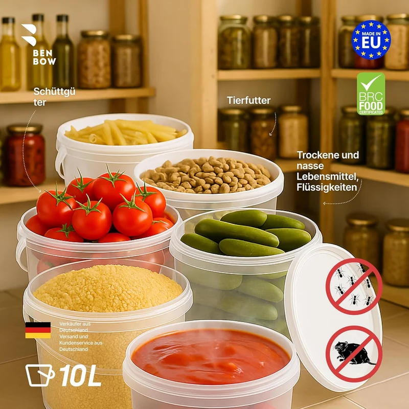 BenBow Eimer mit Deckel 10l transparent 100x 10 Liter - lebensmittelecht, stabil, luftdicht - Aufbew