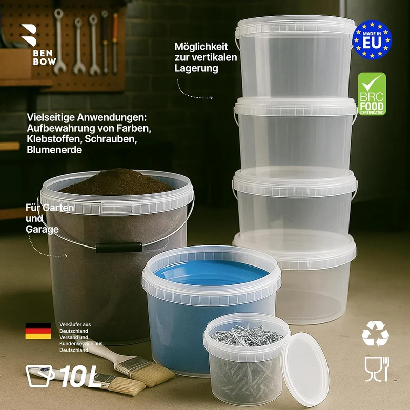BenBow Eimer mit Deckel 10l transparent 100x 10 Liter - lebensmittelecht, stabil, luftdicht - Aufbew
