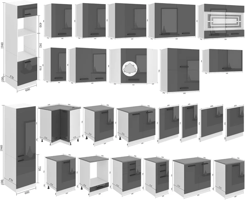 Belini Hängeschrank Küche, Küchenschränke SG. Breite 45 cm. Oberschrank mit 1 Tür, Küchenhängeschrän