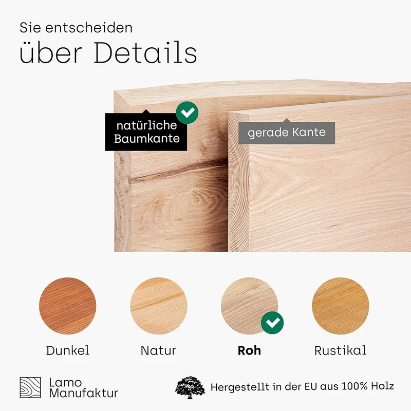 LAMO Manufaktur Holzplatte für Couchtisch, Beistelltisch, Tischplatte Massivholz Baumkante 60x60 cm,