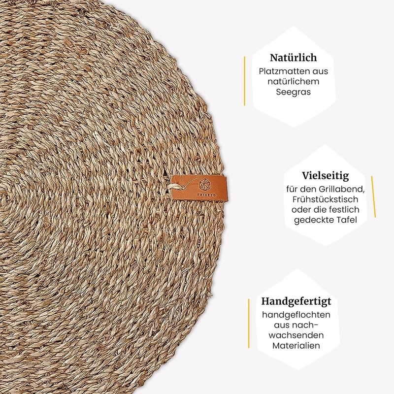 FRIHET® Platzsets rund aus Seegras für Tischdeko | Platzdeckchen für den Esstisch | 4er Tischset Nat
