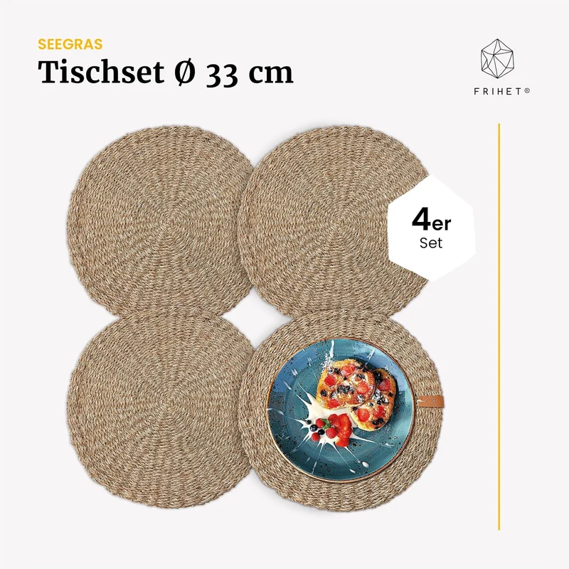 FRIHET® Platzsets rund aus Seegras für Tischdeko | Platzdeckchen für den Esstisch | 4er Tischset Nat
