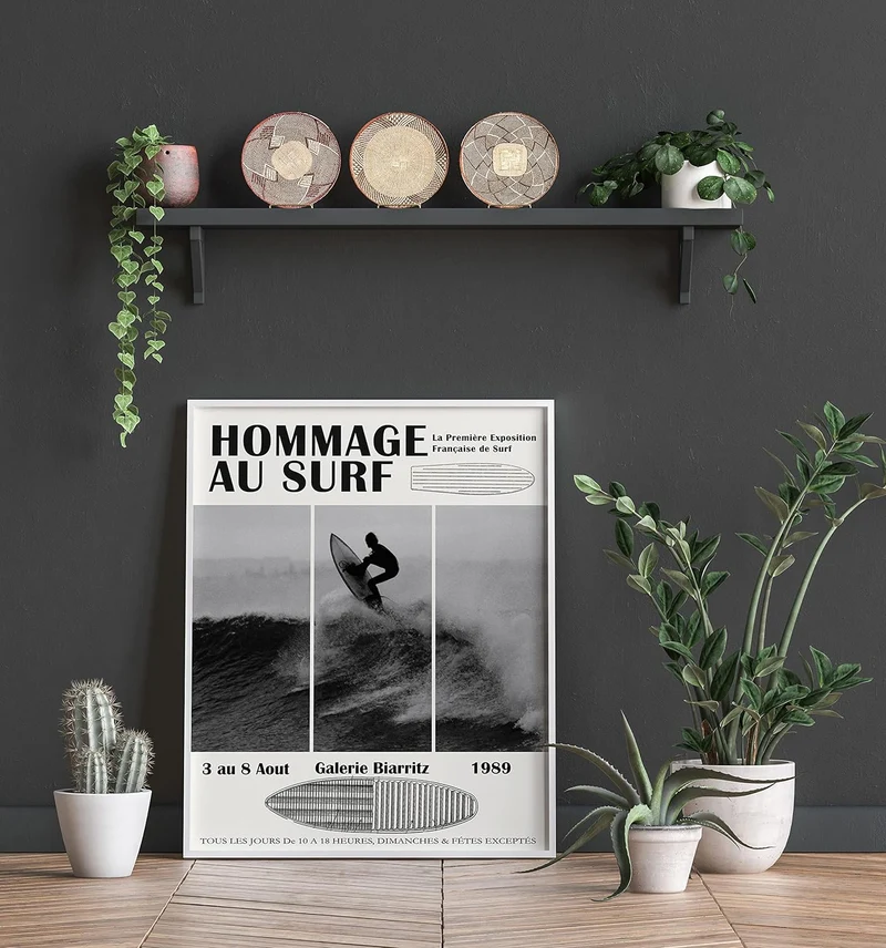 Surfen Poster - Surfbrett Schwarz Weiss Wanddekoration Strandthema Dekoration Raumdekoration Ästheti
