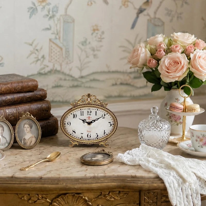 NIKKY HOME Vintage-Tischuhr, französischer Türkis-Farbe, Rokoko-Stil, Schreibtischuhr, batteriebetri
