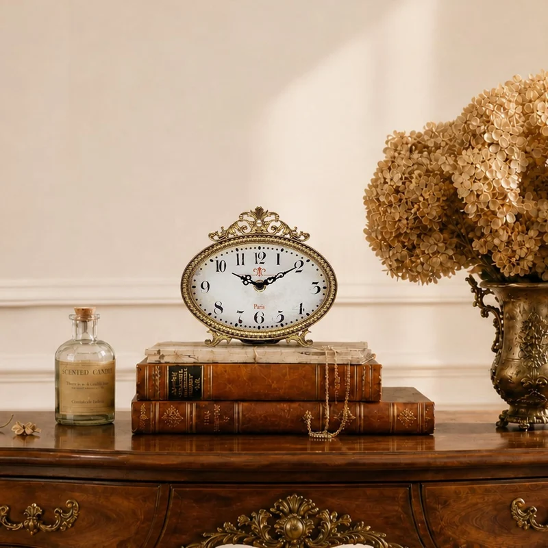 NIKKY HOME Vintage-Tischuhr, französischer Türkis-Farbe, Rokoko-Stil, Schreibtischuhr, batteriebetri