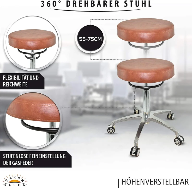 VAKON SALON - Design Rollhocker auf hochwertigen Rollen Hellbraun - Höhenverstellbarer von 55 bis 75