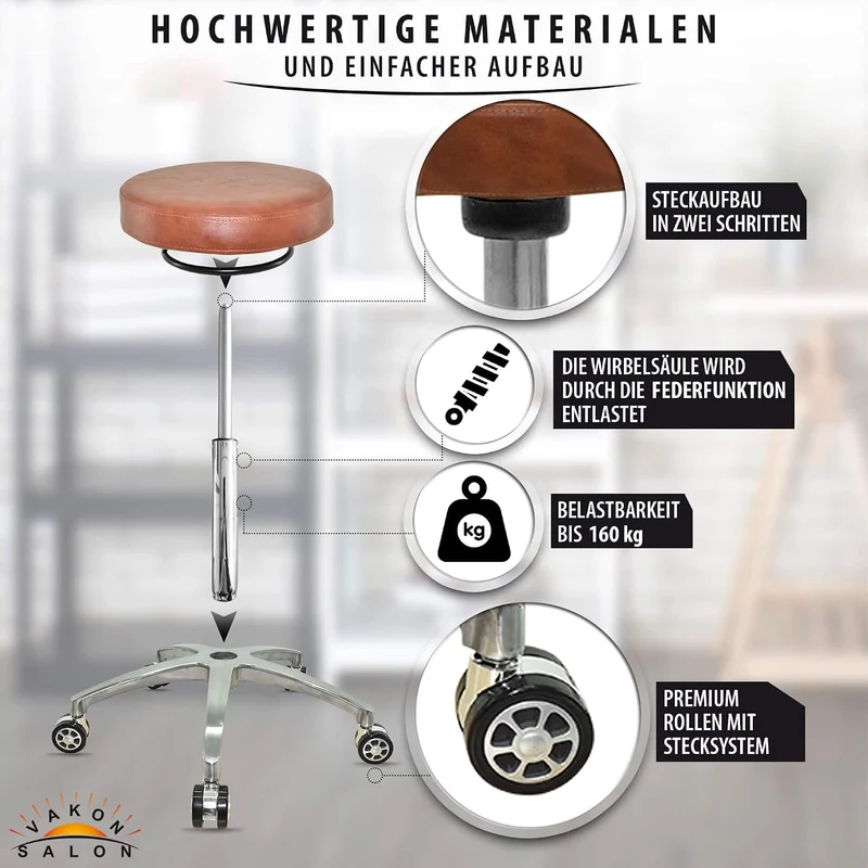 VAKON SALON - Design Rollhocker auf hochwertigen Rollen Hellbraun - Höhenverstellbarer von 55 bis 75