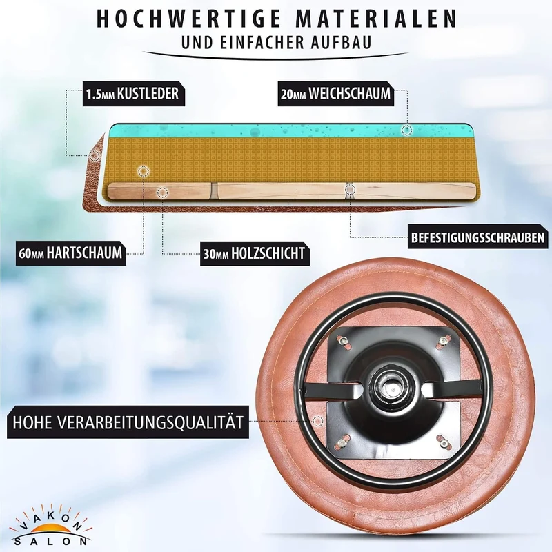VAKON SALON - Design Rollhocker auf hochwertigen Rollen Hellbraun - Höhenverstellbarer von 55 bis 75