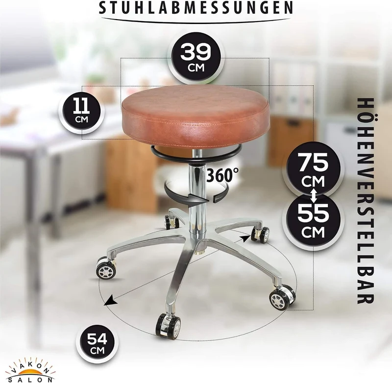 VAKON SALON - Design Rollhocker auf hochwertigen Rollen Hellbraun - Höhenverstellbarer von 55 bis 75