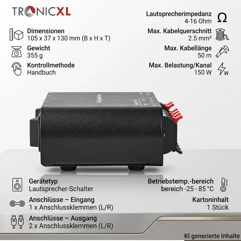 TronicXL Lautsprecher Umschaltbox Umschalter für 2 Lautsprecherpaare Stereo 2fach Analog Audio Schal