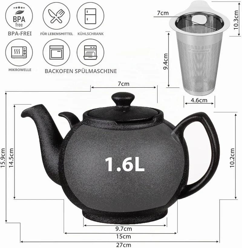 Teekanne mit Stövchen Keramik 1,6 L (Schwarz) Teekanne mit Edelstahl Sieb aus Keramik, Teekanne Live
