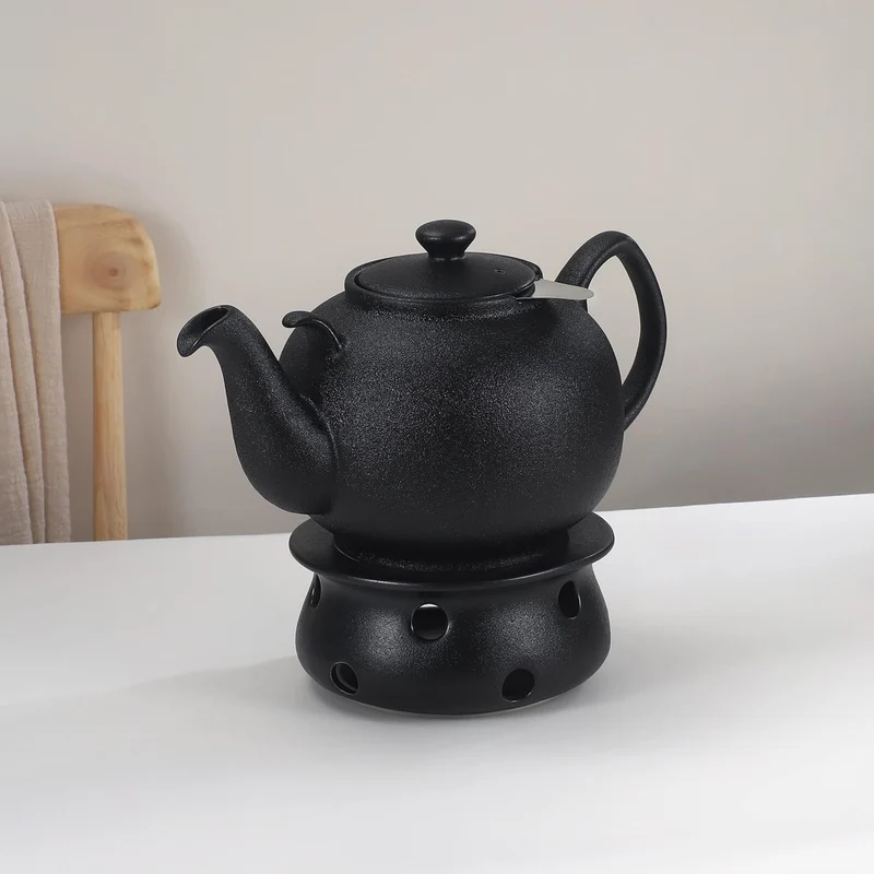 Teekanne mit Stövchen Keramik 1,6 L (Schwarz) Teekanne mit Edelstahl Sieb aus Keramik, Teekanne Live