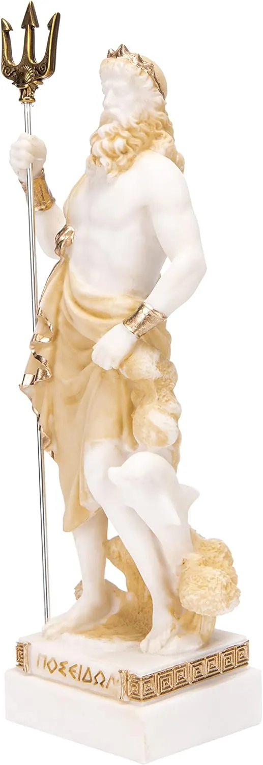 Poseidon Griechischer Gott des Meeres mit Dreizack Statue Figur Gold Alabaster 25,4 cm