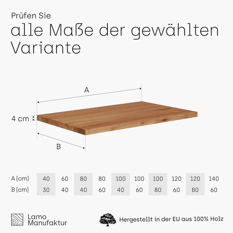 LAMO Manufaktur Holzplatte für Wohnzimmertisch Küchentisch Kücheninsel, Tischplatte Massivholz 100x6