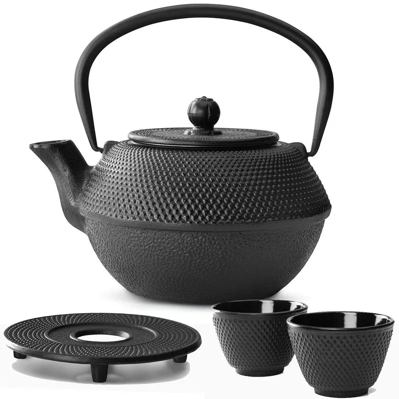 Teekanne asiatisch Gusseisen Set schwarz 1.1 Liter mit Edelstahl Tee-Filter-Sieb-Einsatz für losen T