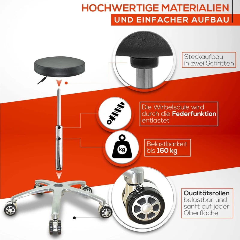 VAKON SALON - Rundhocker auf Rollen, höhenverstellbar von 50-65 cm Drehhocker, Rollhocker, Praxishoc