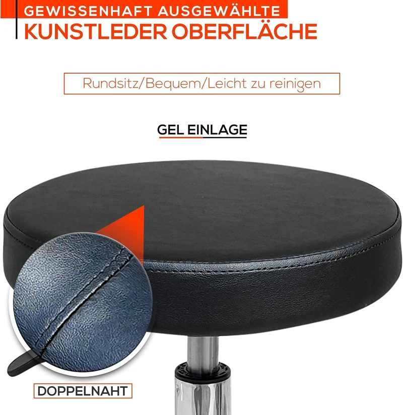 VAKON SALON - Rundhocker auf Rollen, höhenverstellbar von 50-65 cm Drehhocker, Rollhocker, Praxishoc