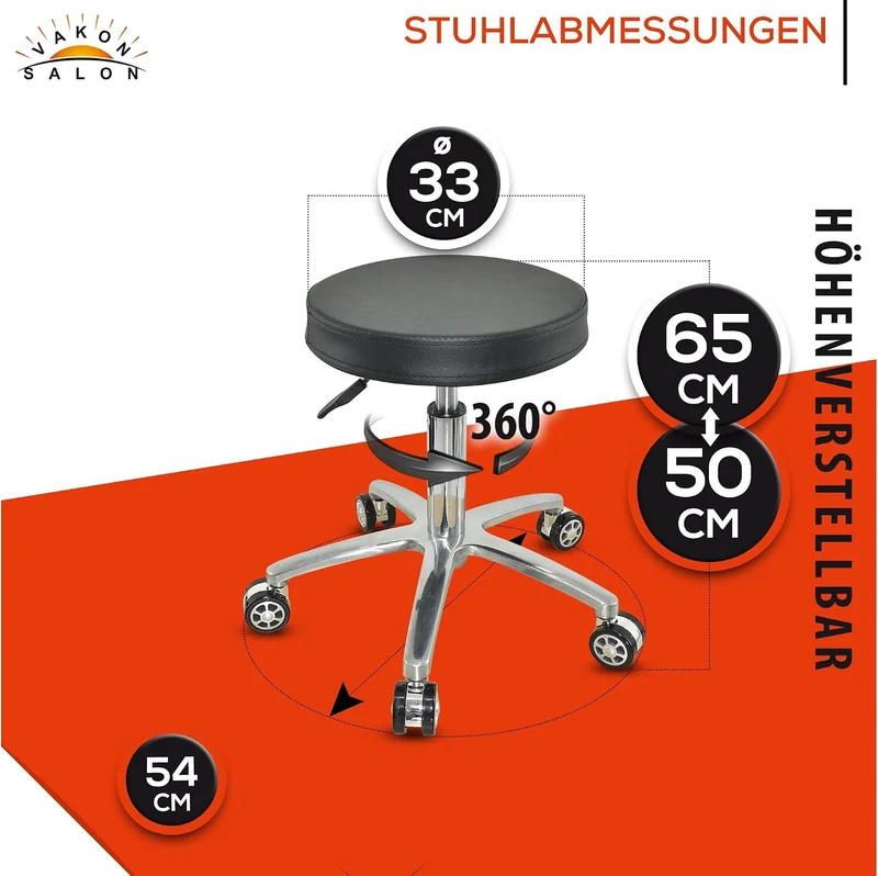 VAKON SALON - Rundhocker auf Rollen, höhenverstellbar von 50-65 cm Drehhocker, Rollhocker, Praxishoc