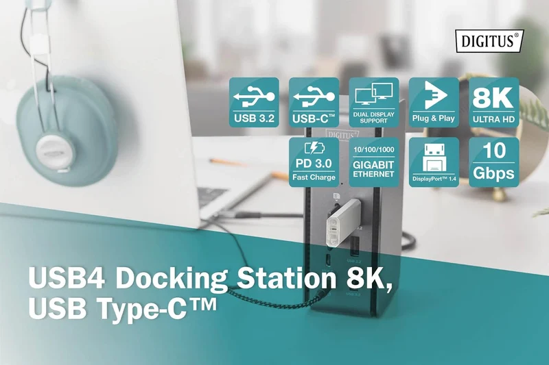 DIGITUS USB4 Thunderbolt Docking Station – 14 Ports – 1x HDMI, 1x DP (8K@30Hz) – 6x USB 3.0 / USB 2.