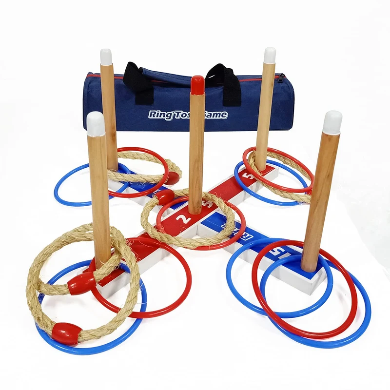 Wurfspiele Ring Toss Game Wooden Quoits Throwing Tossing Game Set with Carry Bag（5 pcs Rope Rings +
