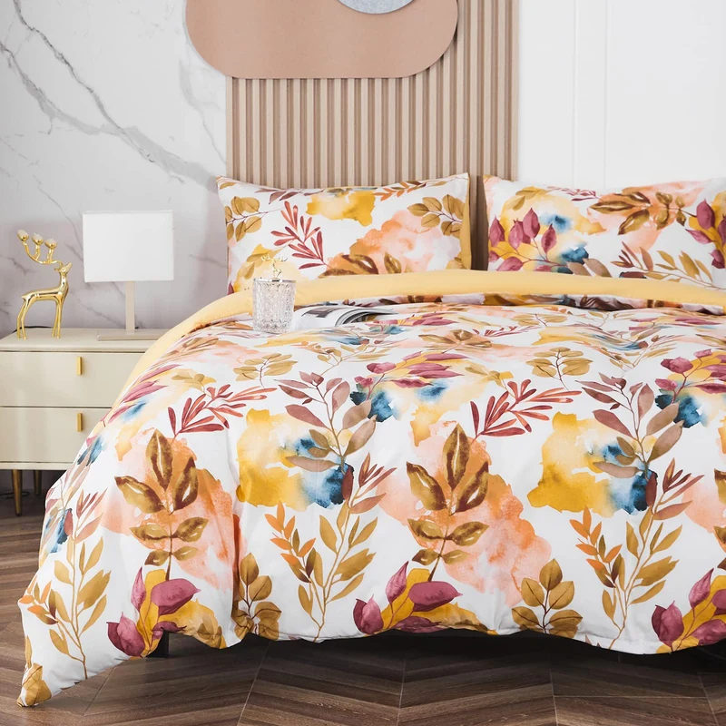 Jemiipee Blumen Bettwäsche-Set mit Frühlingsblumen und Blätter Muster, 1 x Bettbezug 220x240 cm mit