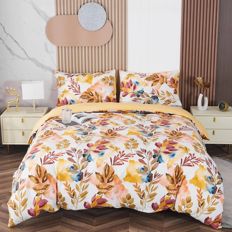 Jemiipee Blumen Bettwäsche-Set mit Frühlingsblumen und Blätter Muster, 1 x Bettbezug 220x240 cm mit