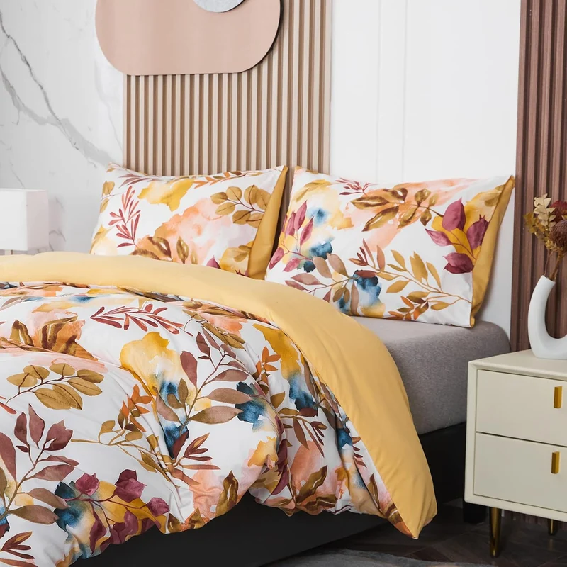 Jemiipee Blumen Bettwäsche-Set mit Frühlingsblumen und Blätter Muster, 1 x Bettbezug 220x240 cm mit