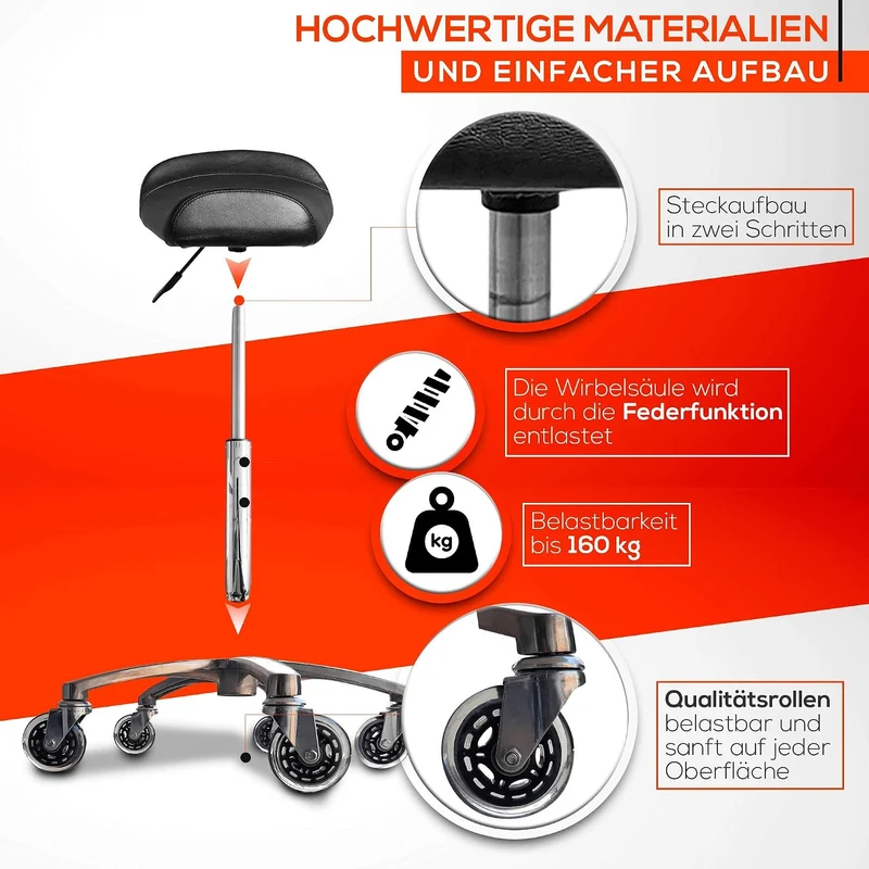 VAKON SALON - Breitsitz auf hochwertigen Rollen - höhenverstellbarer Drehhocker 55-75 cm, Rollhocker